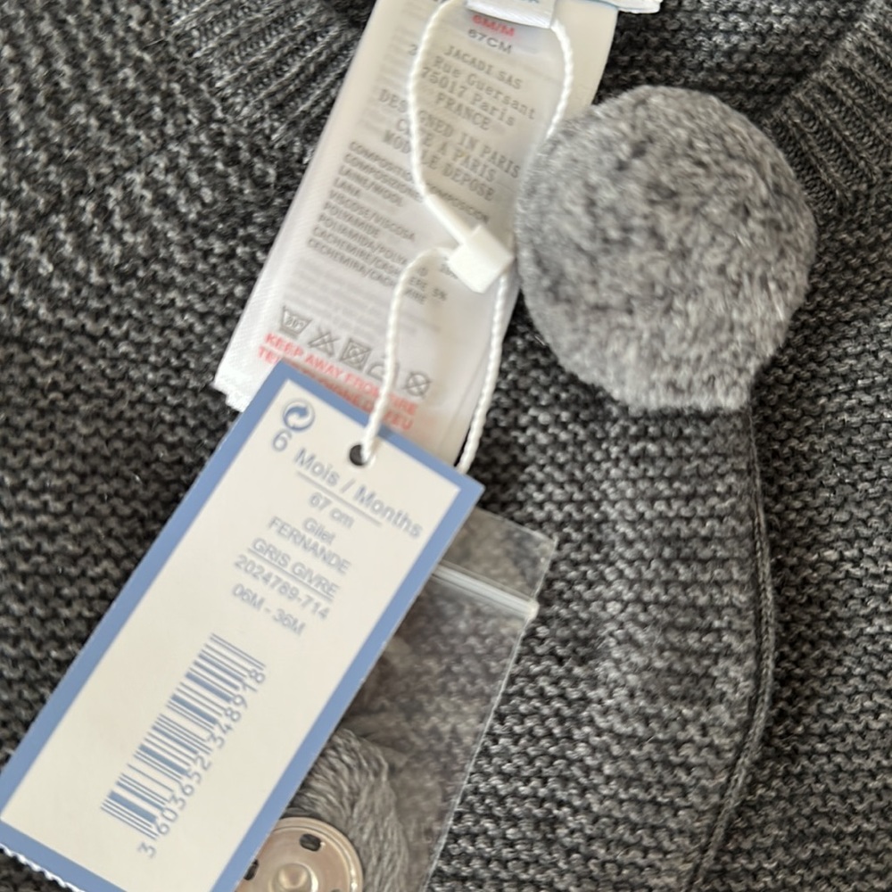 New Heather grey Jacadi Sweater with Pompom! 6M! with tags! - Picture 3 of 3